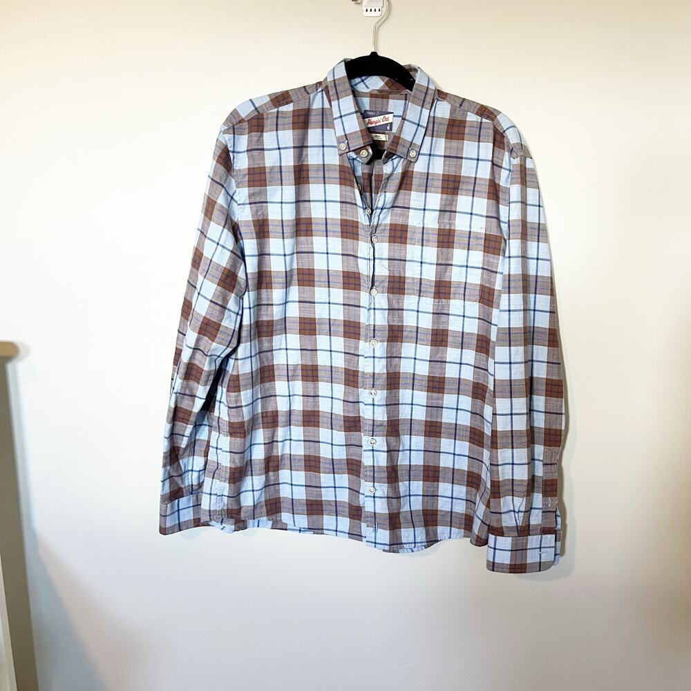 Johnnie-O hangin’ out‎ blue brown plaid cotton button up shirt large
